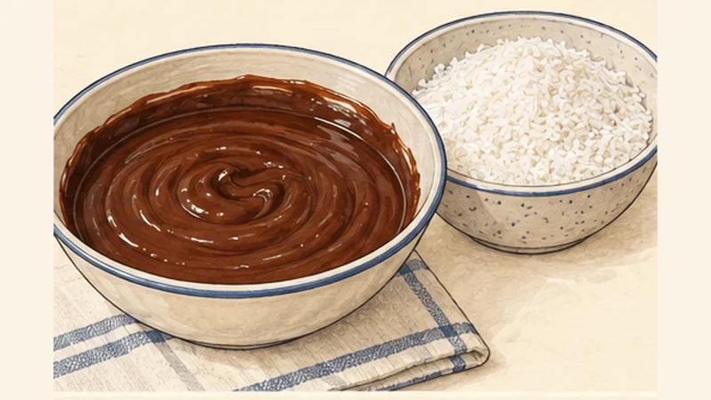 オーストラリア風ラミントンの手順5「切り分けてチョコを作る」を示す調理イラスト。