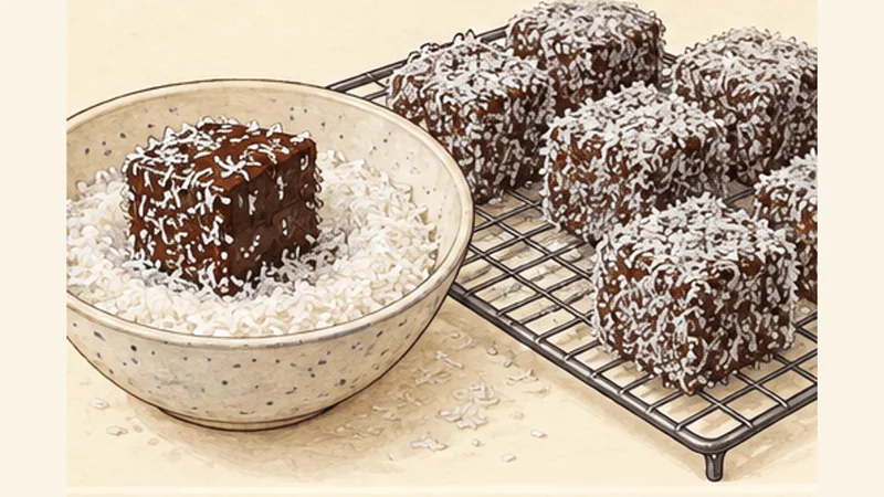 オーストラリア風ラミントンの手順6「チョコに浸してココナッツを付ける」を示す調理イラスト。