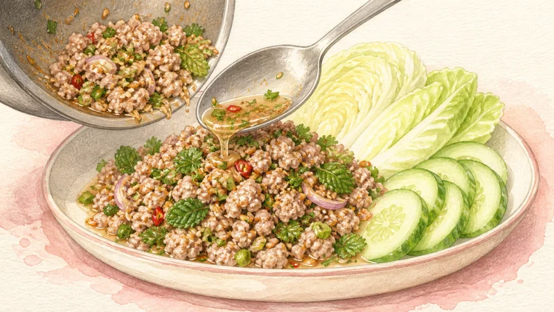 돼지고기 라브 6단계 '따뜻하게 아삭한 채소와 내기'를 보여 주는 조리 삽화.