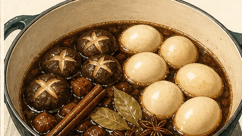 Lu Rou Fan, step 5: Braise with the eggs.