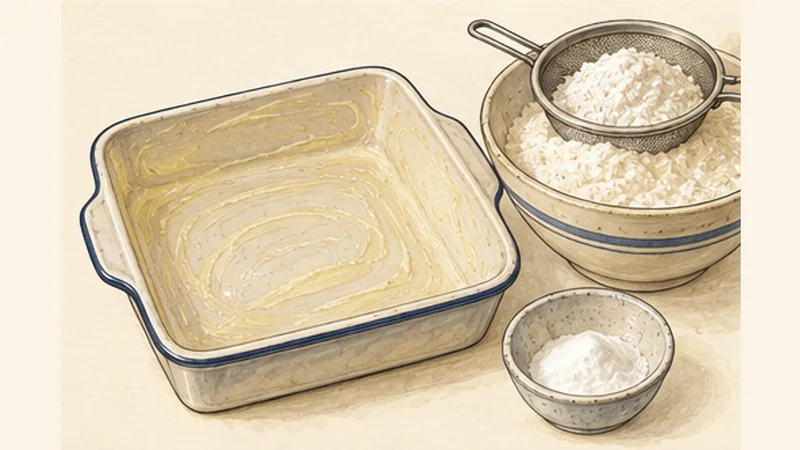 South African Malva Pudding with Warm Cream Sauce, step 1: Prepare the pan and dry mix.