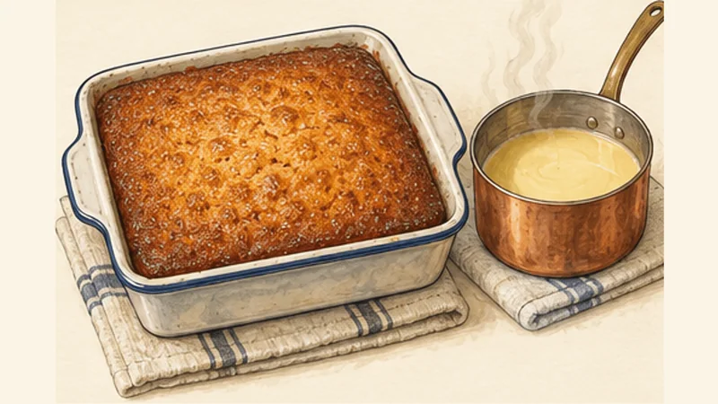South African Malva Pudding with Warm Cream Sauce, step 4: Bake the sponge and warm the sauce.