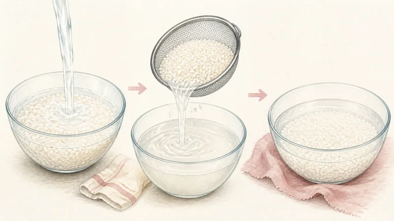 ภาพวาดการปรุงข้าวเหนียวมะม่วง ขั้นตอนที่ 1: แช่ข้าวเหนียว