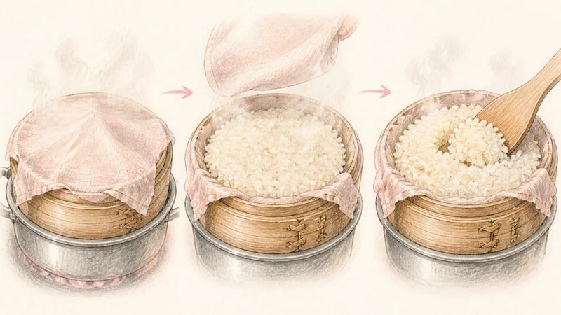 ภาพวาดการปรุงข้าวเหนียวมะม่วง ขั้นตอนที่ 3: นึ่งจนใสหนึบ