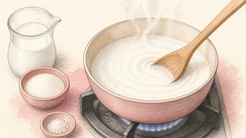 ภาพวาดการปรุงข้าวเหนียวมะม่วง ขั้นตอนที่ 4: อุ่นน้ำกะทิมูน