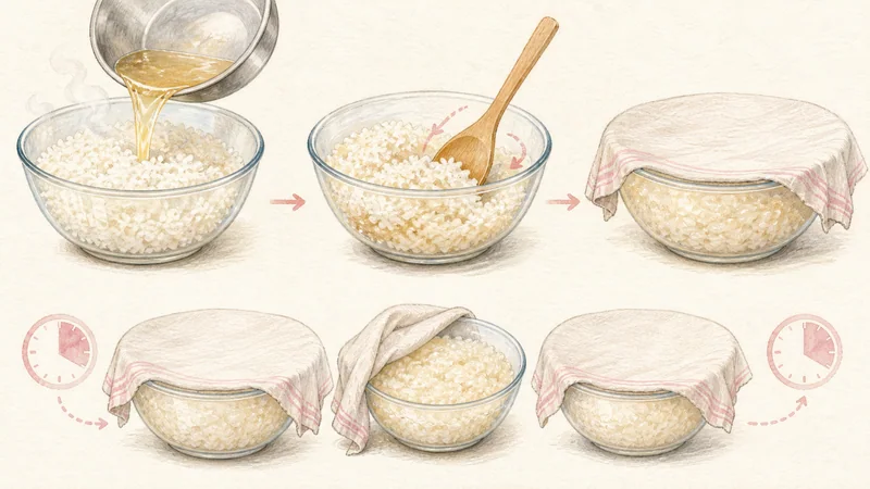 ภาพวาดการปรุงข้าวเหนียวมะม่วง ขั้นตอนที่ 5: มูนข้าวร้อน