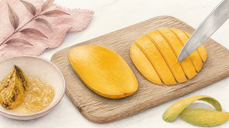 ภาพวาดการปรุงข้าวเหนียวมะม่วง ขั้นตอนที่ 7: หั่นมะม่วงนาทีสุดท้าย