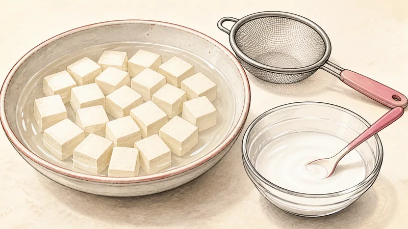 Illustration of 2 cm tofu cubes soaking in warm water beside a bowl of cornstarch slurry and a fine-mesh strainer.