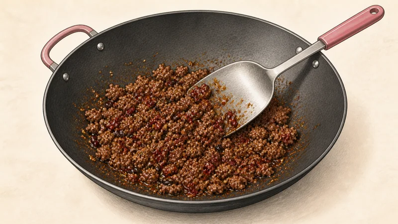 Illustration of red doubanjiang streaks, small fermented black beans and ground peppercorn blooming with browned pork in red oil.
