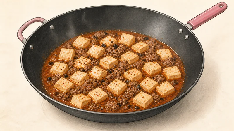 Illustration of intact tofu cubes arranged in one layer and gently simmering uncovered in loose red Mapo sauce.