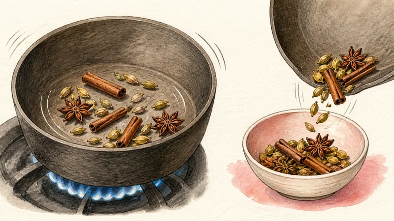 ภาพวาดการปรุงมัสมั่นเนื้อ ขั้นตอนที่ 2: คั่วเครื่องเทศ