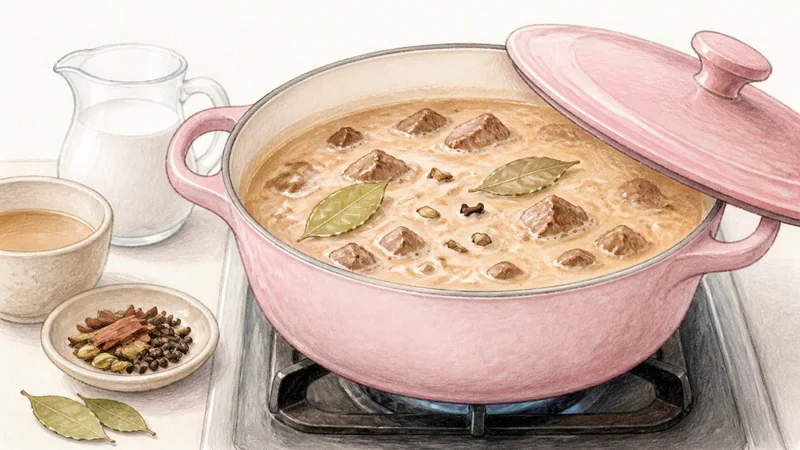 ภาพวาดการปรุงมัสมั่นเนื้อ ขั้นตอนที่ 5: เริ่มตุ๋นช้า