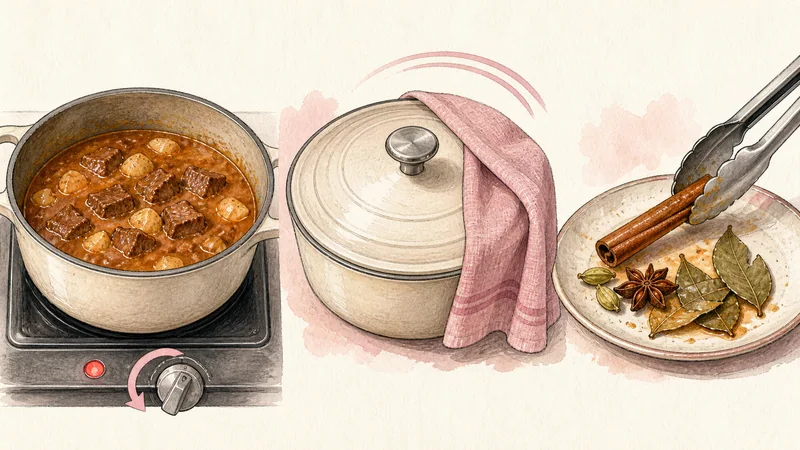 ภาพวาดการปรุงมัสมั่นเนื้อ ขั้นตอนที่ 9: พักให้น้ำแกงเข้าที่