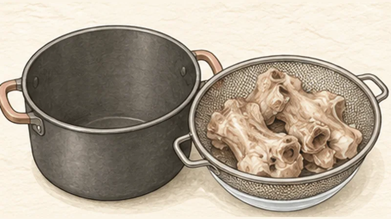 ミークアン(豚肉とえびのターメリック麺)の手順1「骨を下茹でする」を示す調理イラスト。