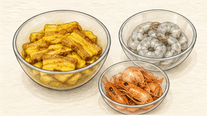 ミークアン(豚肉とえびのターメリック麺)の手順2「えびを準備して別々に味付けする」を示す調理イラスト。