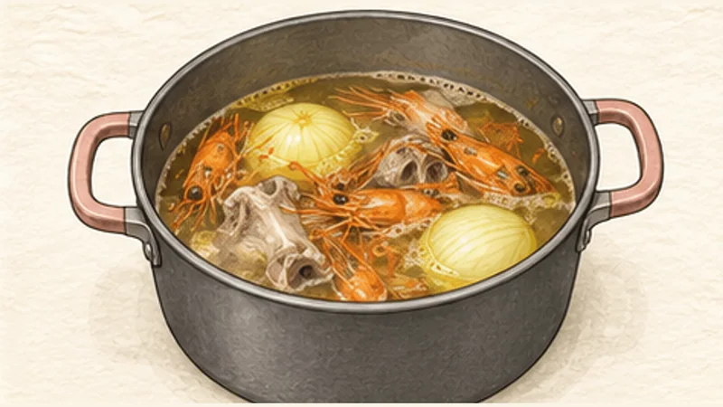 ミークアン(豚肉とえびのターメリック麺)の手順3「豚骨とえびのだしを煮る」を示す調理イラスト。