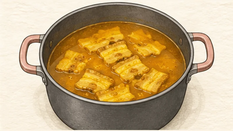 ミークアン(豚肉とえびのターメリック麺)の手順5「濃い豚肉だしに仕上げる」を示す調理イラスト。
