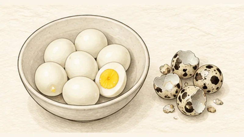 ミークアン(豚肉とえびのターメリック麺)の手順7「うずら卵を茹でる」を示す調理イラスト。