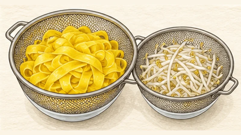 ミークアン(豚肉とえびのターメリック麺)の手順8「麺ともやしを茹でる」を示す調理イラスト。