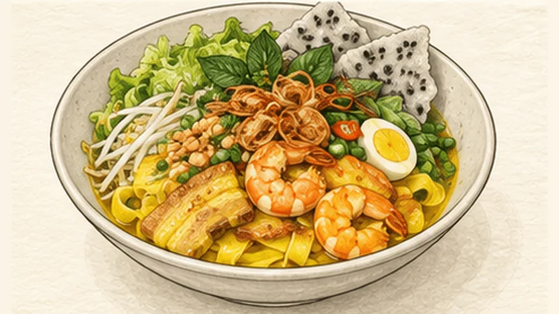ミークアン(豚肉とえびのターメリック麺)の手順10「少なめのだしで盛る」を示す調理イラスト。