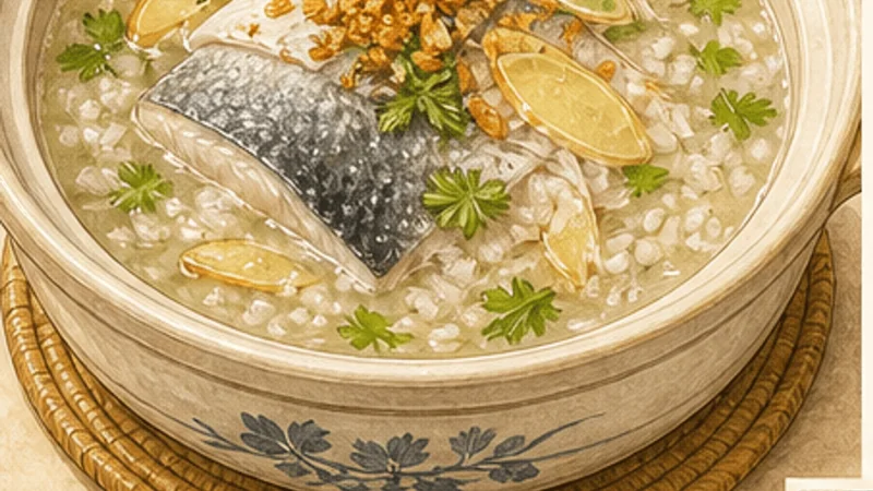 Tainan Milkfish Congee, step 6: Finish without stirring.