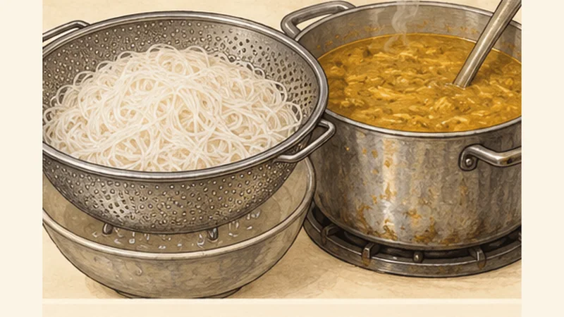 ミャンマー風モヒンガーの手順6「麺を温める」を示す調理イラスト。