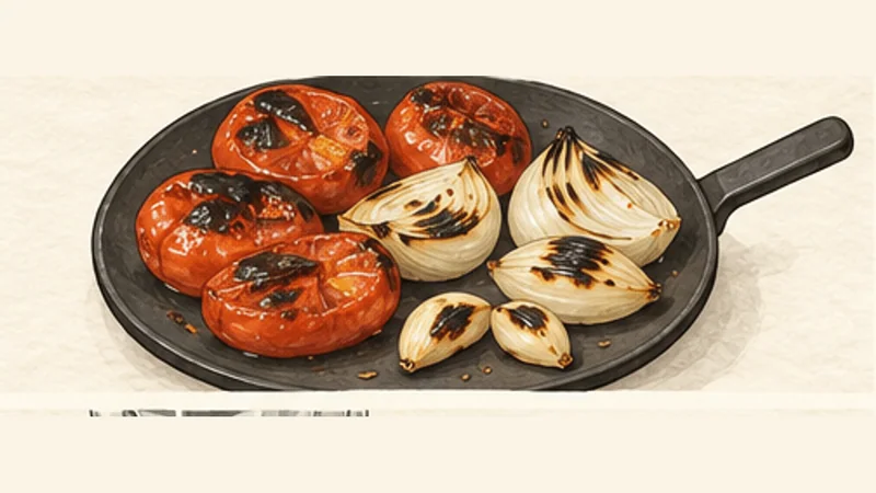 몰레 포블라노 7단계 '토마토 양파 마늘 굽기'를 보여 주는 조리 삽화.