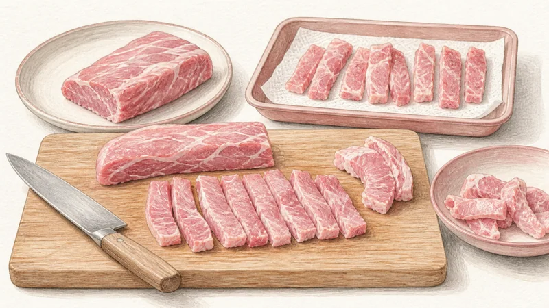 タイ風豚串焼きムーピンの手順1「豚肉を薄い帯に切る」を示す調理イラスト。