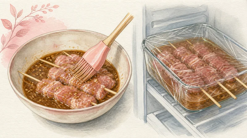 タイ風豚串焼きムーピンの手順4「時間を守って漬ける」を示す調理イラスト。