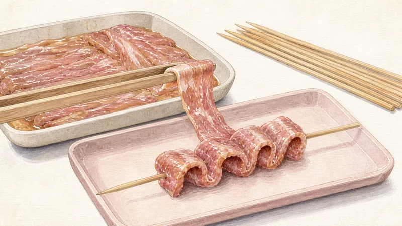 タイ風豚串焼きムーピンの手順5「均等に串へ刺す」を示す調理イラスト。