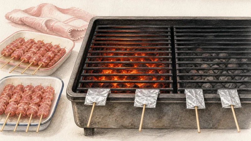 タイ風豚串焼きムーピンの手順6「強火と弱火を作る」を示す調理イラスト。