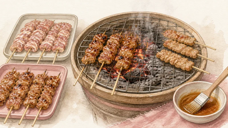 タイ風豚串焼きムーピンの手順7「砂糖を焦がさず焼く」を示す調理イラスト。