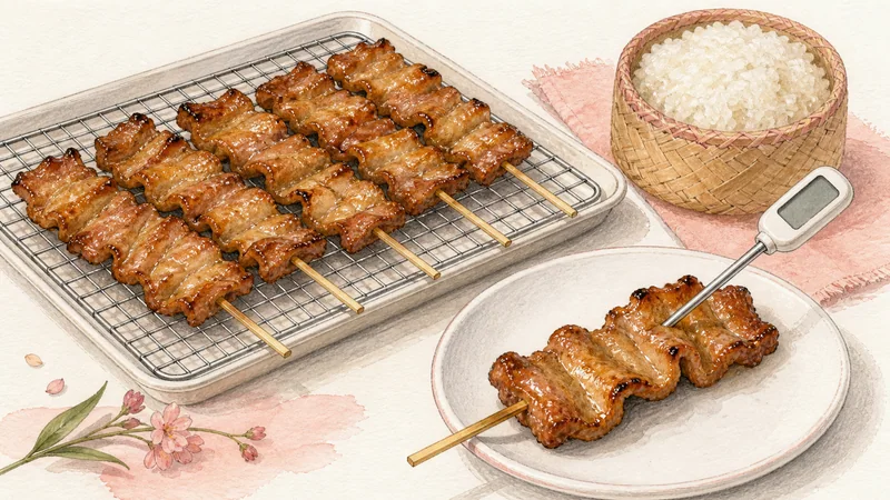 タイ風豚串焼きムーピンの手順8「確認して休ませ供する」を示す調理イラスト。