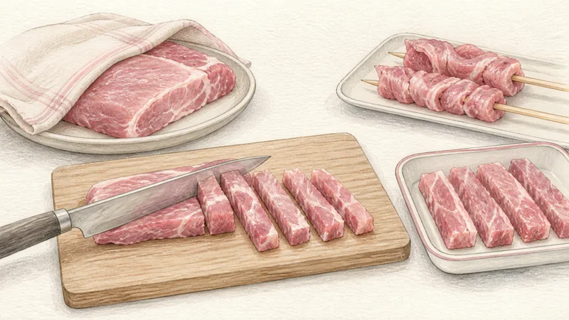 タイ風豚サテの手順1「豚肉を均等に切る」を示す調理イラスト。