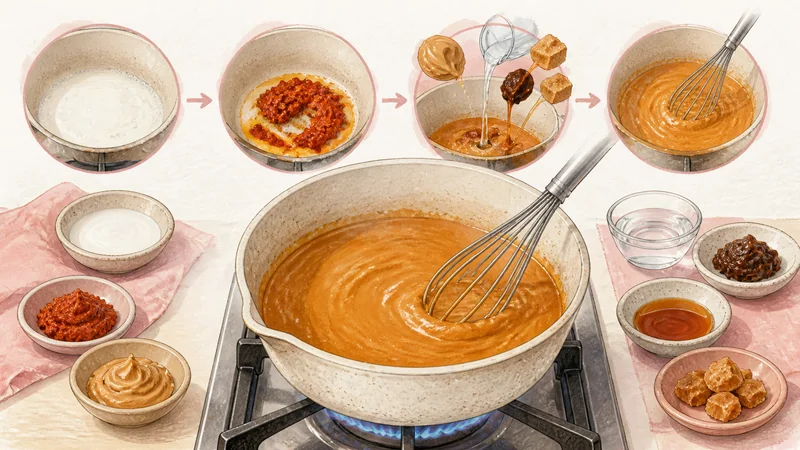 タイ風豚サテの手順4「ピーナッツカレーだれを煮る」を示す調理イラスト。