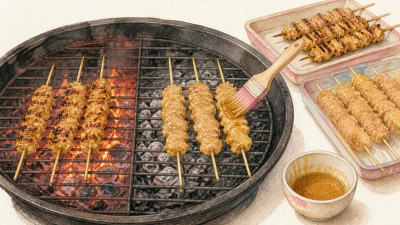タイ風豚サテの手順8「焼き付けて清潔なたれを塗る」を示す調理イラスト。