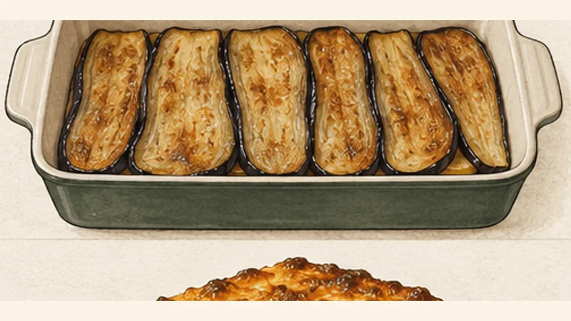 무사카 9단계 '채소 층 쌓기'를 보여 주는 조리 삽화.