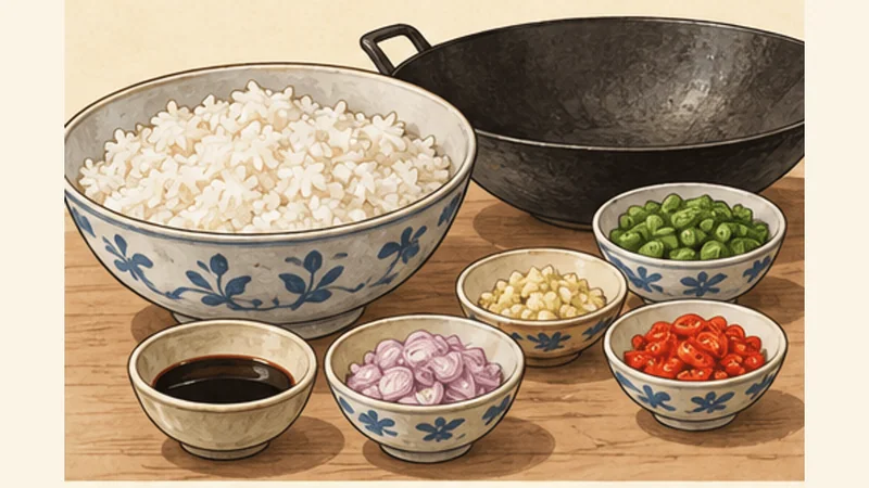 ภาพวาดการปรุงนาซีโกเร็ง ขั้นตอนที่ 1: ยีข้าวให้ร่วน