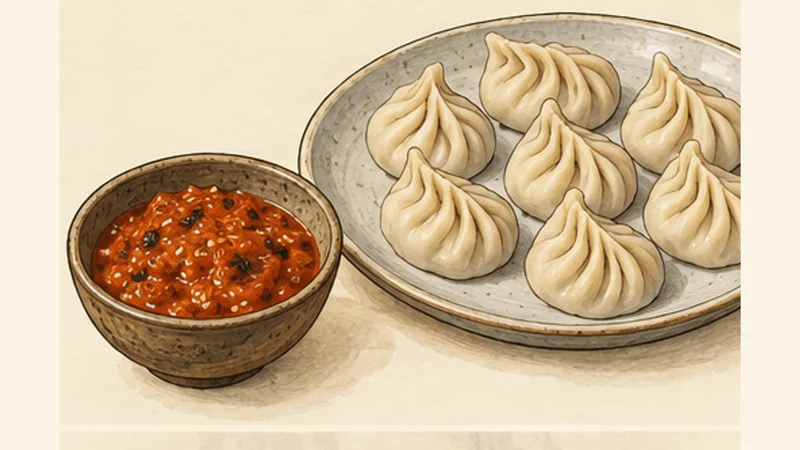 네팔식 치킨 모모 3단계 '토마토 아차르 만들기'를 보여 주는 조리 삽화.