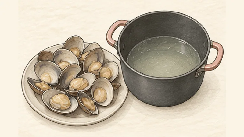 ภาพวาดการปรุงซุปหอยลายนิวอิงแลนด์ ขั้นตอนที่ 1: นึ่งหอยให้เปิด