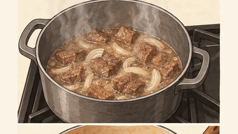 ナイジェリア風エグシスープと青菜の手順1「牛肉に味を付けて煮る」を示す調理イラスト。