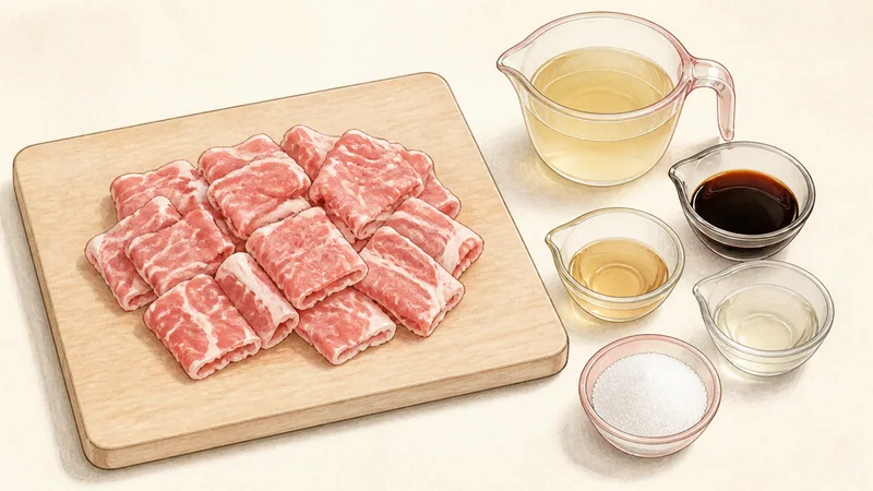 豚肉の肉じゃがの手順3「豚肉と煮汁を用意する」を示す調理イラスト。