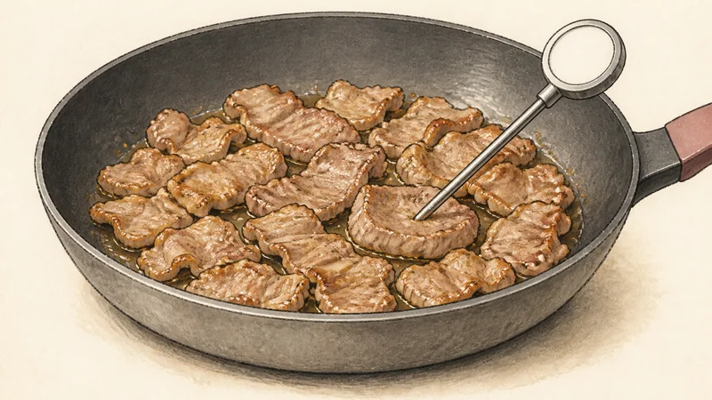 豚肉の肉じゃがの手順4「豚肉を炒めて温度を確認する」を示す調理イラスト。