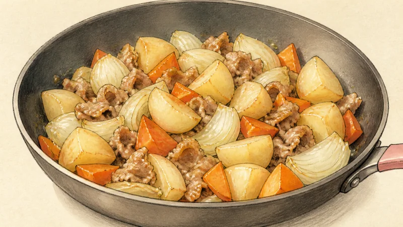 豚肉の肉じゃがの手順5「野菜を油で炒める」を示す調理イラスト。