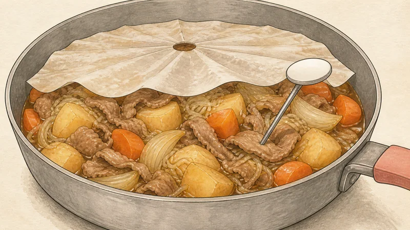 豚肉の肉じゃがの手順6「甘い煮汁で煮る」を示す調理イラスト。