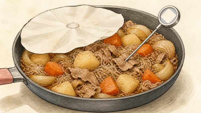 豚肉の肉じゃがの手順7「しょうゆとしらたきを加える」を示す調理イラスト。