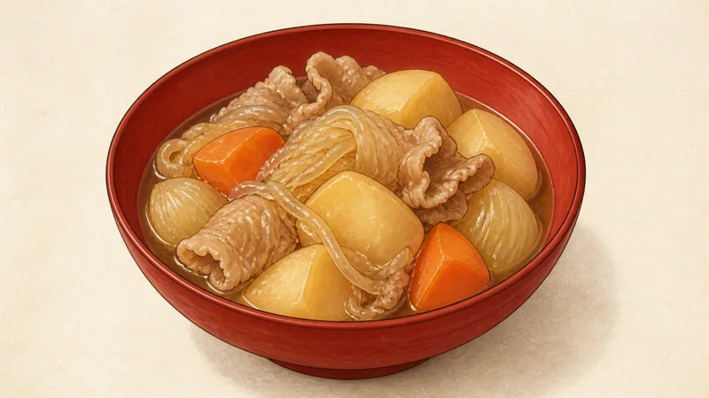 豚肉の肉じゃがの手順8「休ませて盛り付ける」を示す調理イラスト。