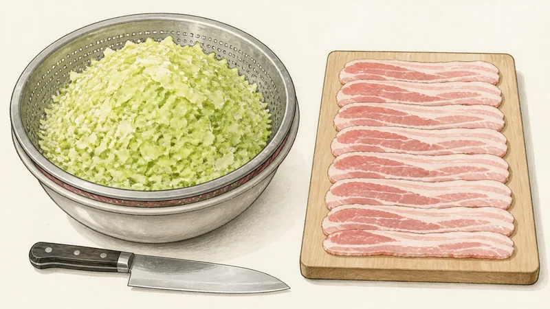 ภาพวาดการปรุงโอโคโนมิยากิสไตล์โอซากา ขั้นตอนที่ 1: สับและสะเด็ดกะหล่ำ