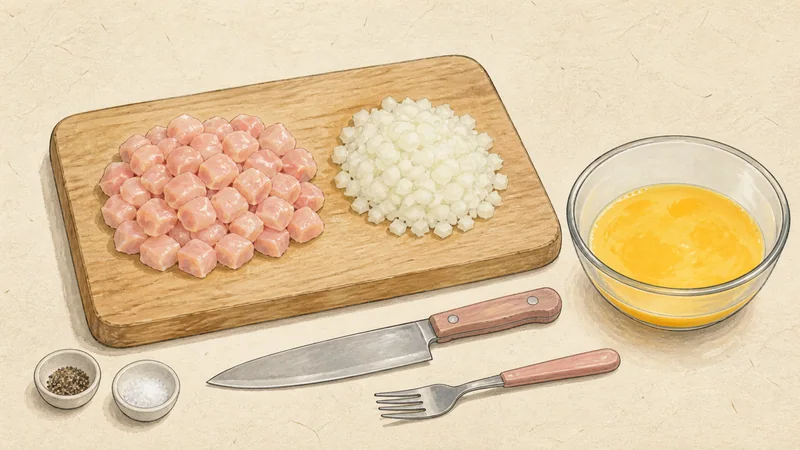Omurice (chicken ketchup rice omelette), step 2: Dice the chicken and onion.