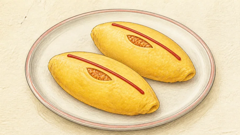 Omurice (chicken ketchup rice omelette), step 8: Cut open and add one ketchup stripe.